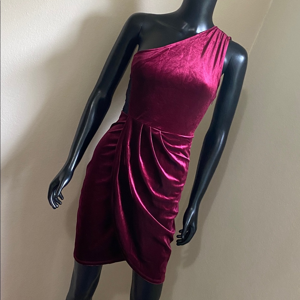 Lulus Burgundy Velvet One Shoulder Draped Mini Dress with Black Lace